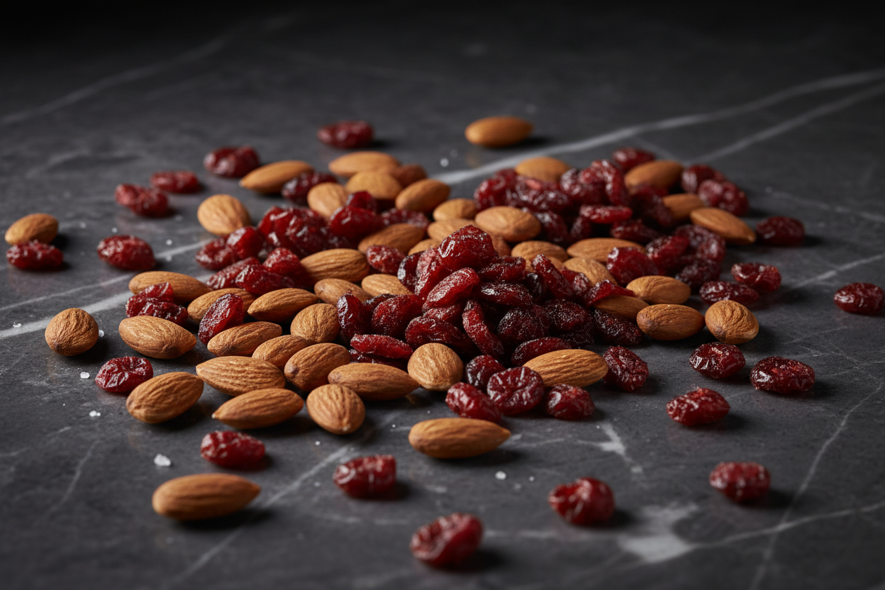 crea una imagen que se vea muy premium de SOLO almendras guara y pasas de arandanos deshidratados