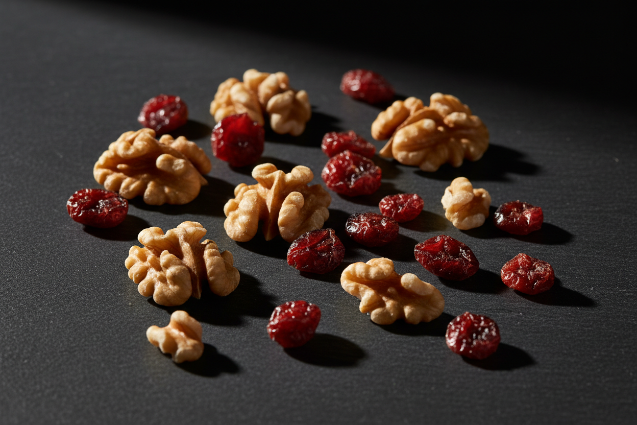 crea una imagen que se vea muy premium de solo nueces extra light y arandanos deshidratados