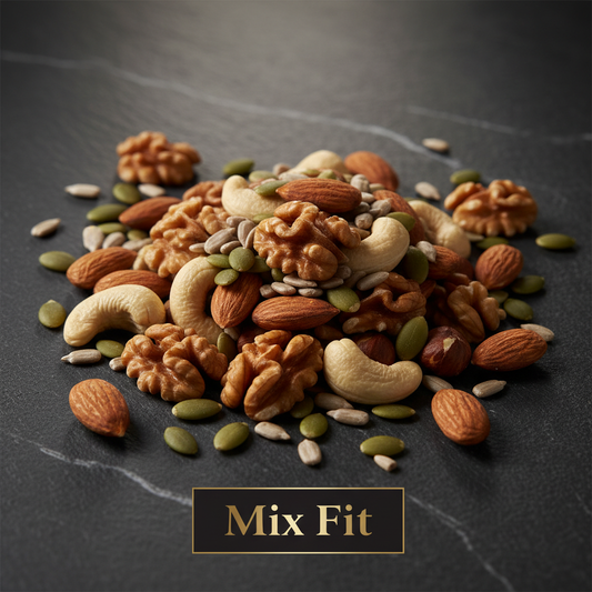 crea una imagen que se vea super premium para SOLO mi Mix Fit (Almendras peladas, Castañas de Caju peladas, Nueces peladas, Semillas de Zapallo y Semillas de Girasol peladas