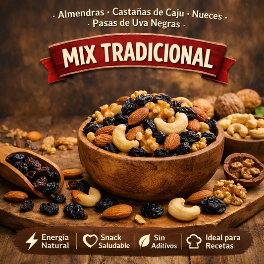 Mix tradicional (Almendras, Castañas de Caju, Nueces y Pasas de Uva Negras)
